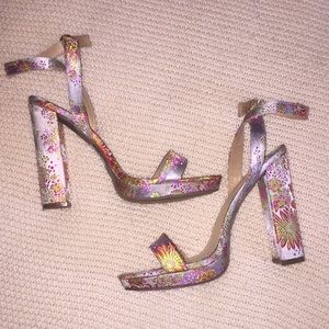 Floral embroidered ankle strap heels
